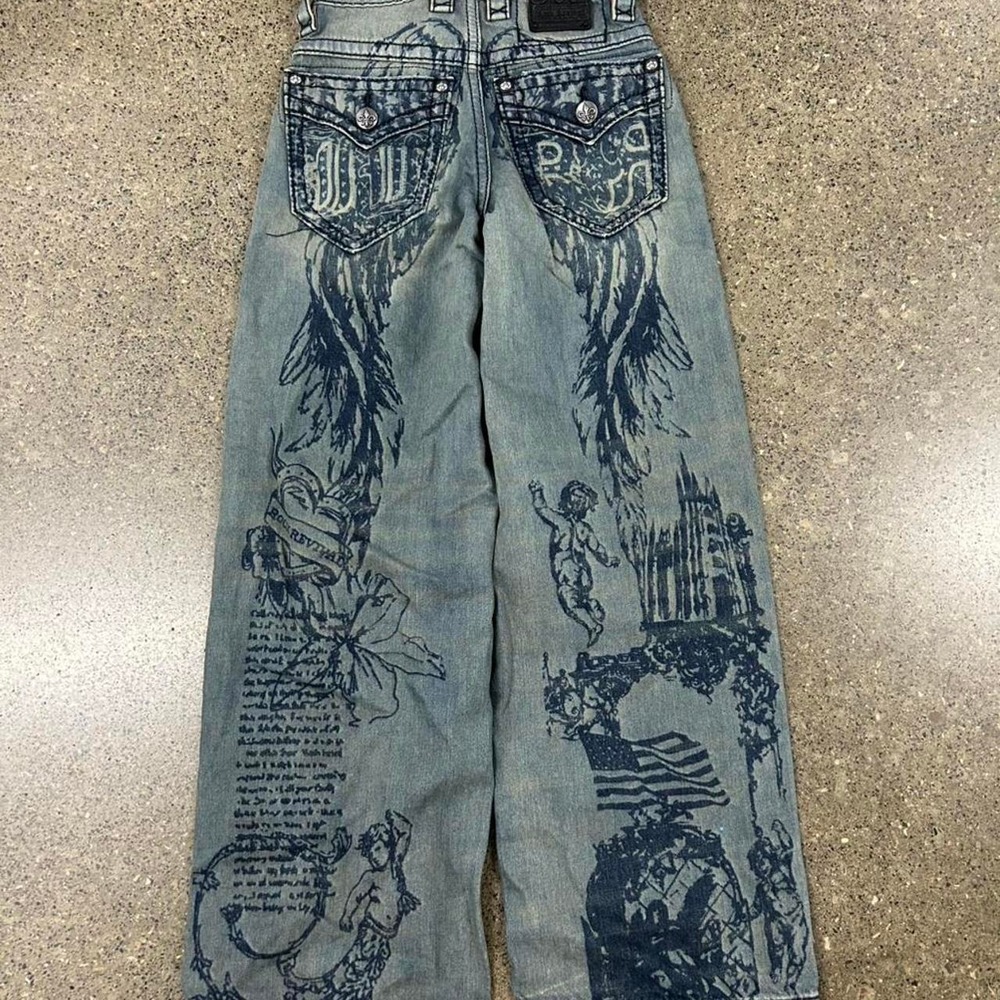 Y2K Rock Revival x Jaded London Inked Jeans AOP Jesus Affliction (Size 25)